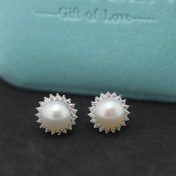 Sunshine White Gold Plated Silver 8.5-9mm Freshwater Pearl Stud Earrings AAA Zir - Picture 6 of 9